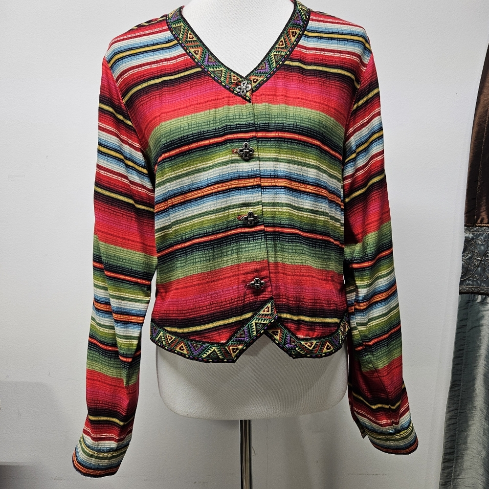 Vtg. Serape Striped Cardigan Southwestern Aztec Print Size L Embroidered Retro